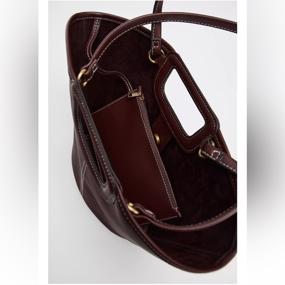 NWT Zara Topstitched Shopper Bag Tote Shoulder Brown Burgundy Red New Rare - Picture 4 of 8